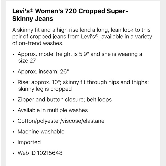 NWT | Levi | 720 High Rise Cropped Skinny Jean - Picture 7 of 12